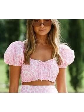 NWT Sabo Skirt Inari Pink Floral Puff Sleeve Top Feminine Flirty Size Large
